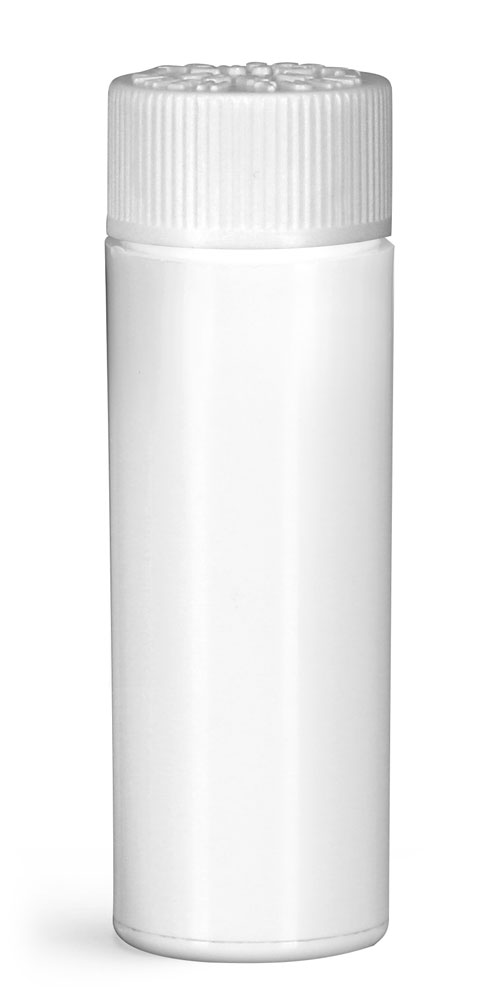 20 mm Plastic Vials, White Polypropylene Purse Pak Vials w/ White Child Resistant Caps and Plug Liners