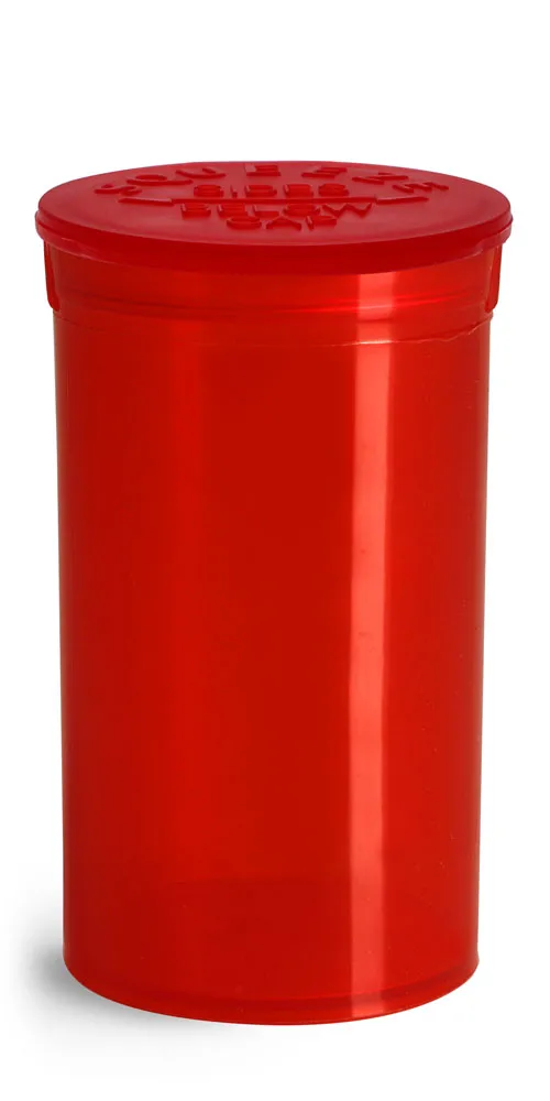 19 Dram Hinge Top Containers, Red Polypropylene Plastic Pop Top Vials