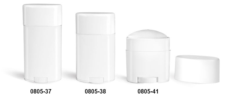 Deodorant Containers, White Polypropylene Deodorant Tubes w/ Flat White Caps