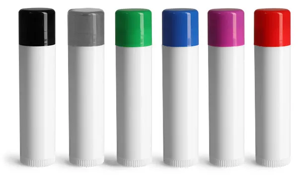 White Polypropylene Lip Balm Tubes w/ Colored Caps