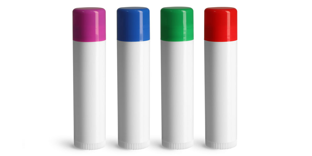 SKS Bottle & Packaging .15 oz Lip Balm Tubes, White Lip Balm Tubes w/ Assorted Color Caps