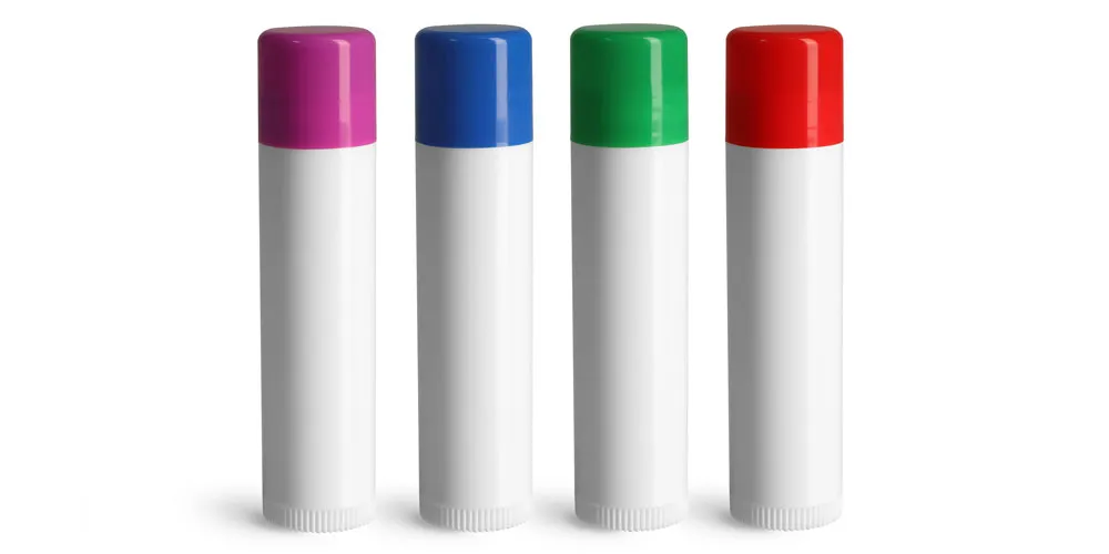 .15 oz Lip Balm Tubes, White Lip Balm Tubes w/ Assorted Color Caps