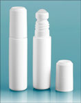 White Plastic Mini Roll on Lip Balm Containers w/ Ball and Flat Top Cap