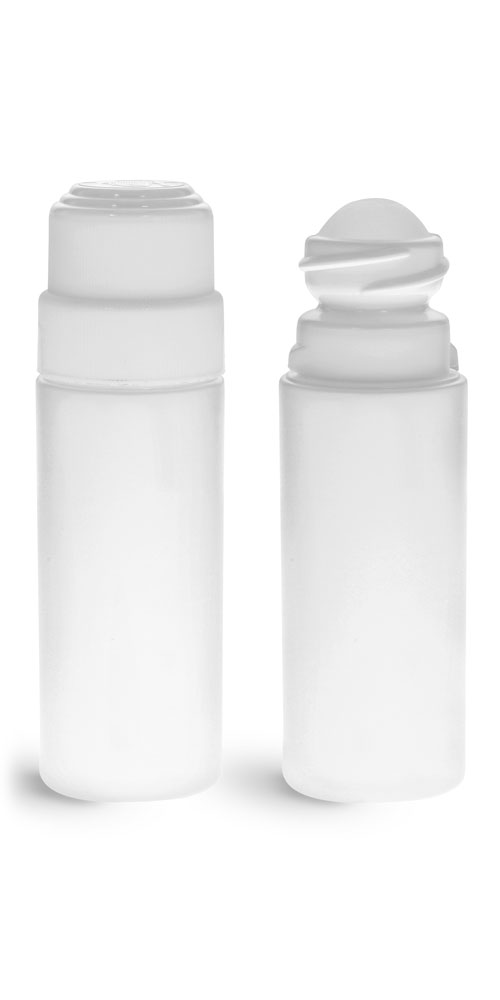 3 oz Plastic Bottles, White HDPE Roll-on Cylinders w/ Natural Ball & White CR Caps