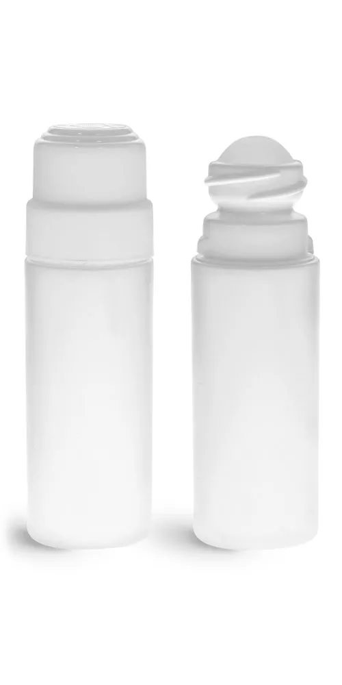 3 oz Plastic Bottles, White HDPE Roll-on Cylinders w/ Natural Ball & White CR Caps
