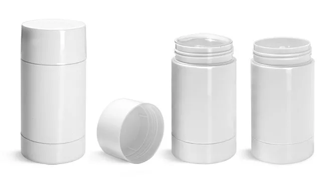 Deodorant Containers, White Styrene Twist Up Deodorant Tubes w/ White Screw Caps and Discs