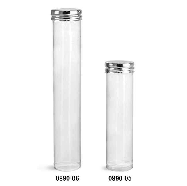 Plastic Tubes, Clear Propionate Round Tubes w/ Silver Metal Screw Caps