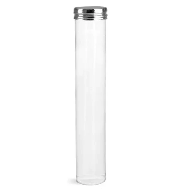 Plastic Tubes, Clear Plastic Round Tube w/ Silver Metal Screw Threaded Lined Cap