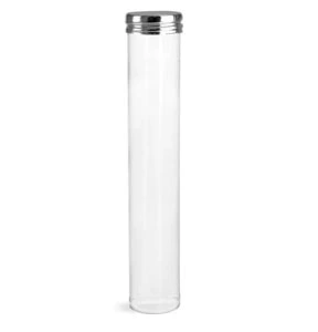 Plastic Tubes, Clear Plastic Round Tube w/ Silver Metal Screw Threaded Lined Cap