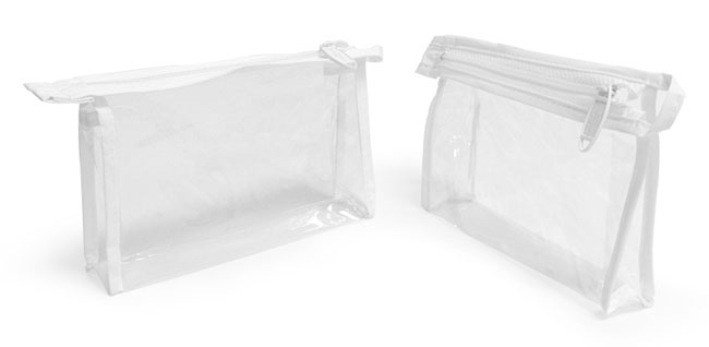 Vinyl Bags, Clear Vinyl Bags with White Zipper and Hang Loop, 152 mm, 38 mm, 102 mm