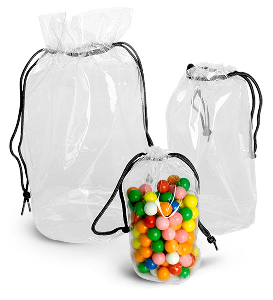Vinyl Bags, Clear Vinyl Bags w/ Black Drawstrings