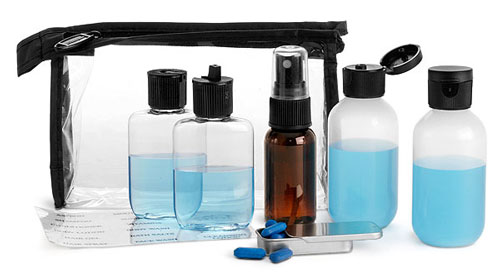 Travel Kits, Clear Vinyl Bags w/ Black Trim and Travel Size Containers