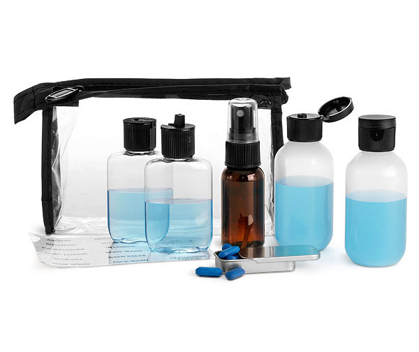 Travel Kits, Clear Vinyl Bags w/ Black Trim and Travel Size Containers