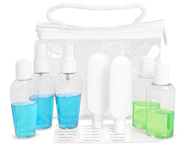 Clear Vinyl Bags w/ White Trim and Travel Size Containers