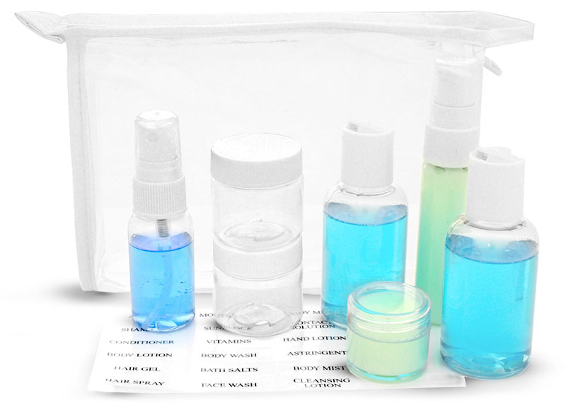 Travel Kits, Clear Vinyl Bags w/ White Trim and Travel Size Containers