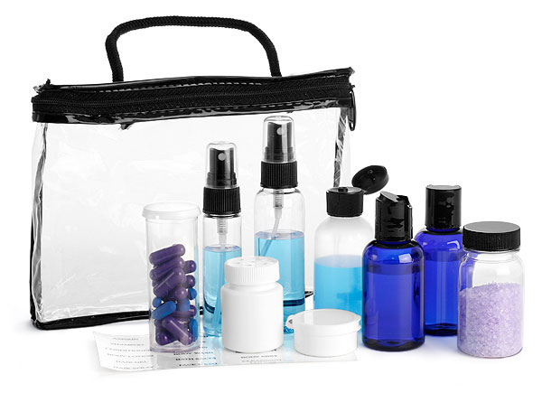 Travel Kits, Clear Vinyl Bags w/ Black Trim and Travel Size Containers