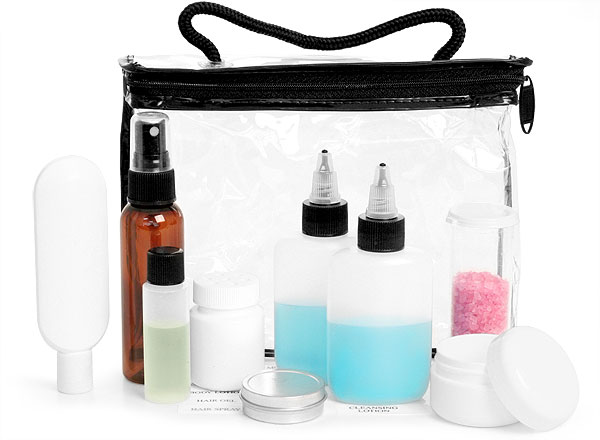 Clear Vinyl Bags with Black Trim and Travel Size Containers