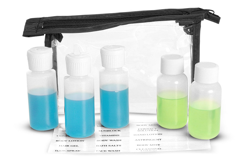 Travel Kits, Clear Vinyl Bags w/ Black Trim and Travel Size Containers