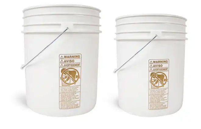  White HDPE Plastic Pail w/Handle and Warning Label (Bulk), Caps Not Included