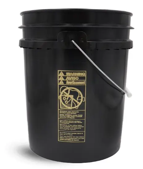 5 Gallon Black HDPE Regrind Open Head Pails w/ Gold Child Safety Labels & Metal Bails 