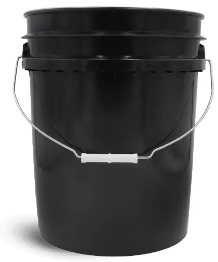 5 Gallon Black HDPE Regrind Open Head Pails w/ Gold Child Safety Labels & Metal Bails 