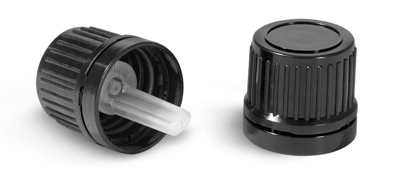 Dispensing Caps, Black Plastic Tamper Evident Caps w/ Orifice Reducers