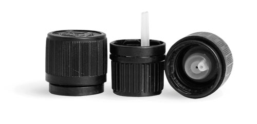 Child Resistant Caps, Black HDPE Child Resistant Caps w/ Universal Picture & Orifice Reducers