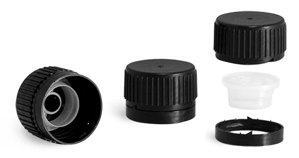 Dispensing Caps, Black Polypropylene Ribbed Caps w/ Tamper Evident Seal and Pouring Inserts