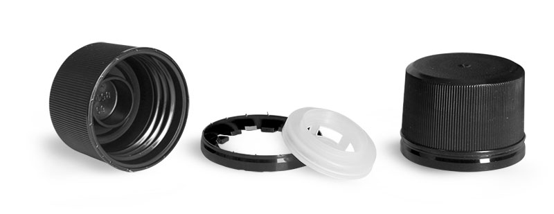 Dispensing Caps, Black Polypropylene Ribbed 33 mm Caps w/ Tamper Evident Seals and Pour Inserts