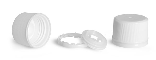 Dispensing Caps, White Polypropylene Ribbed Caps w/ Tamper Evident Seals and Pouring Inserts
