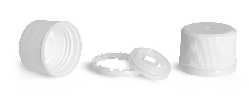Dispensing Caps, White Polypropylene Ribbed Caps w/ Tamper Evident Seals and Pouring Inserts