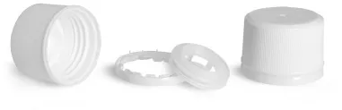 White Polypropylene Ribbed Caps w/ Tamper Evident Seals & Pouring Inserts