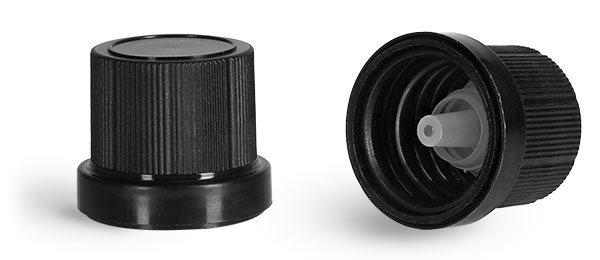 Dispensing Caps, Black Polypropylene Tamper Evident Caps w/ LDPE Orifice Reducers