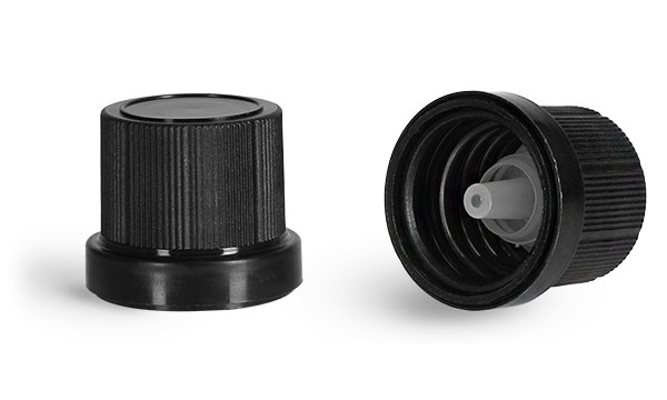 Dispensing Caps, Black Polypropylene Tamper Evident Caps w/ LDPE Orifice Reducers