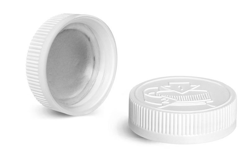 Child Resistant Caps, White Induction Lined Child Resistant Caps w/ Universal Picture