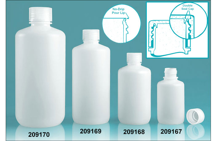 Leak Proof Water Bottles, Natural Polypropylene Narrow Mouth Bottles w/ Screw Caps