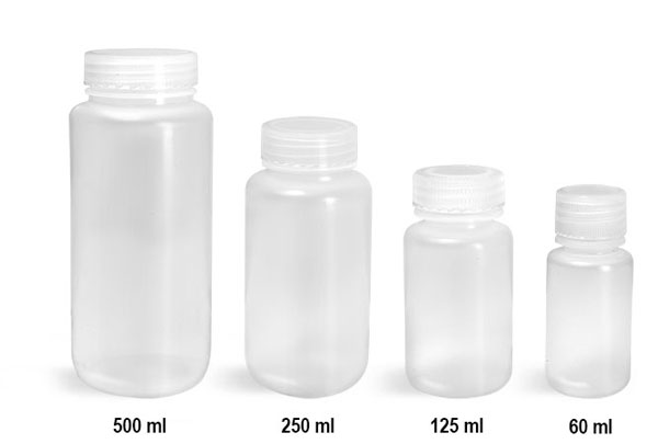 Leak Proof Water Bottles, Natural Polypropylene Wide Mouth Bottles w/ Screw Caps