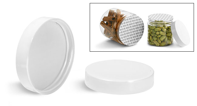 Plastic Caps, White Polypropylene Smooth Caps w/ Printed PS22 (pressure Sensitive) Liners