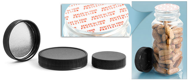 Plastic Caps, Black Polypropylene Ribbed Caps w/ Foam Induction Liners