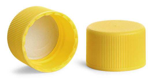 24/410 Ribbed Yellow Polypropylene Caps w/ Pressure Sensitive Liners