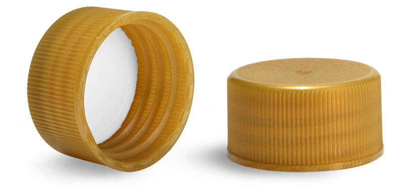 Plastic Caps, Gold Polypropylene Ribbed PE Lined Caps