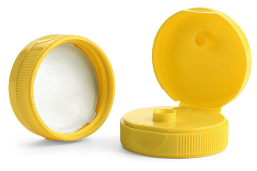 38/400 Dispensing Caps, Yellow Polypropylene Ribbed Snap Top Caps w/ Peelable Liners