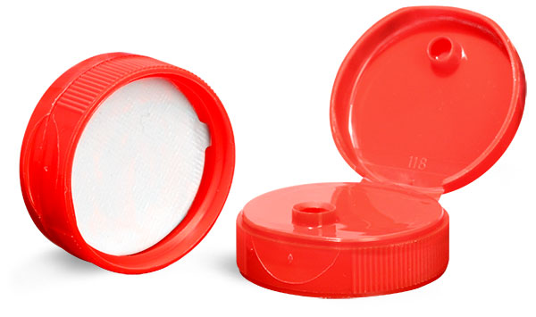 Dispensing Caps, Red Polypropylene Ribbed Snap Top Caps w/ Peelable Liners