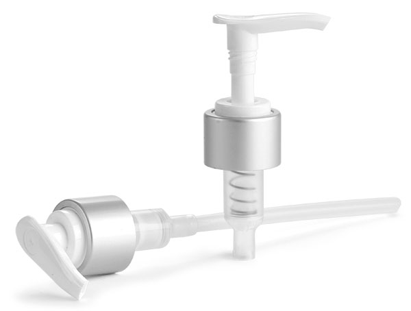 Lotion Pumps, 2 Cc White Lotion Pumps w/ Brushed Aluminum Collars