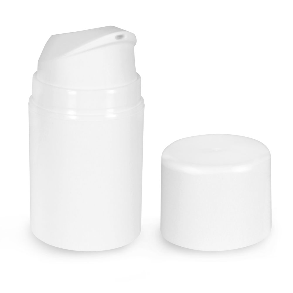 50 ml White Polypro Airless Pump Bottles w/ White Caps