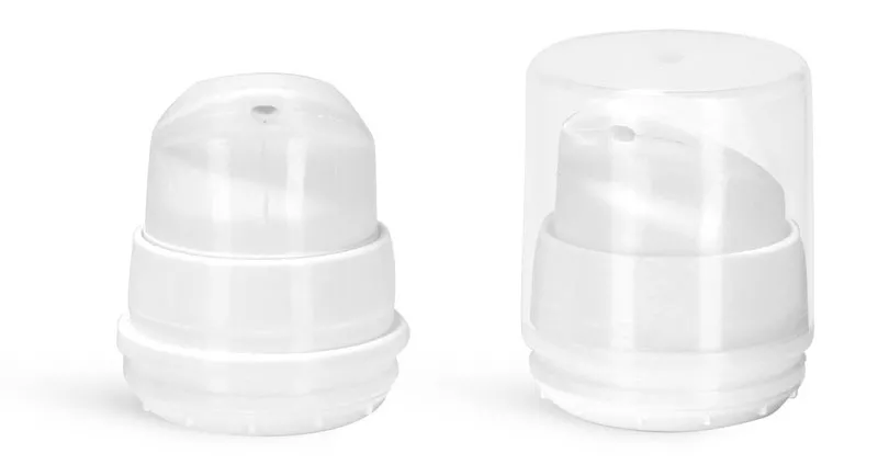 Airless Pumps, White Polypropylene Airless Pumps w/ Clear Snap On Overcaps