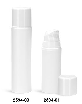 Plastic Bottles, White Polypropylene Airless Pump Bottles w/ White Pumps & White Overcaps