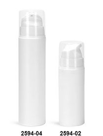 Plastic Bottles, White Polypropylene Airless Pump Bottles w/ White Pumps & Clear Overcaps