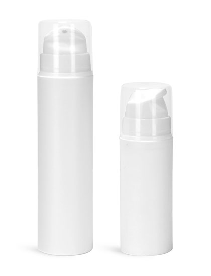 30 ml Plastic Bottles, White Polypropylene Mini Airless Pump Bottles w/ Pumps, Snap Caps, & Overcaps