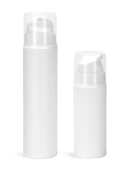 White Polypropylene Airless Pump Bottles w/ White Pumps & Clear Overcaps